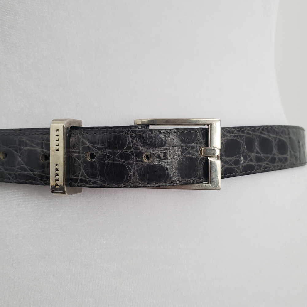 PERRY ELLIS Women's Black Leather Croc Belt Silvertone Square Buckle Distressed - Picture 2 of 8